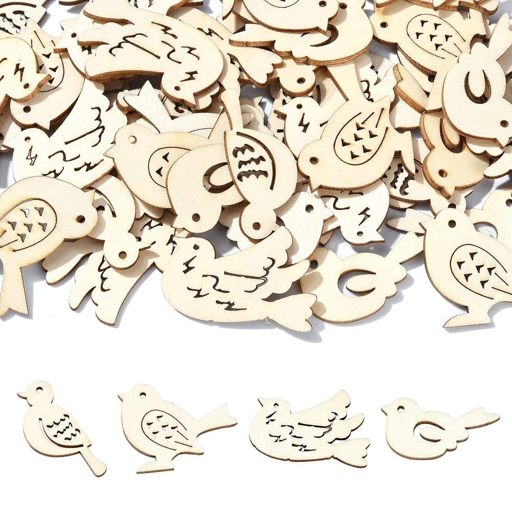 1636 200 pcs Mixed Styles Bird Theme Undyed Wood Cutout Charms Spring